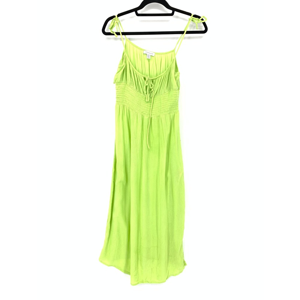 Topshop Women's Size 8-10 Tie-Up Straps Smocked Panel Sheer Midi Dress Green